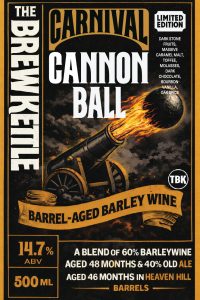 An image of Carnival Cannonball, a barrel-aged barleywine with dark stone fruits and roasted malt fl.