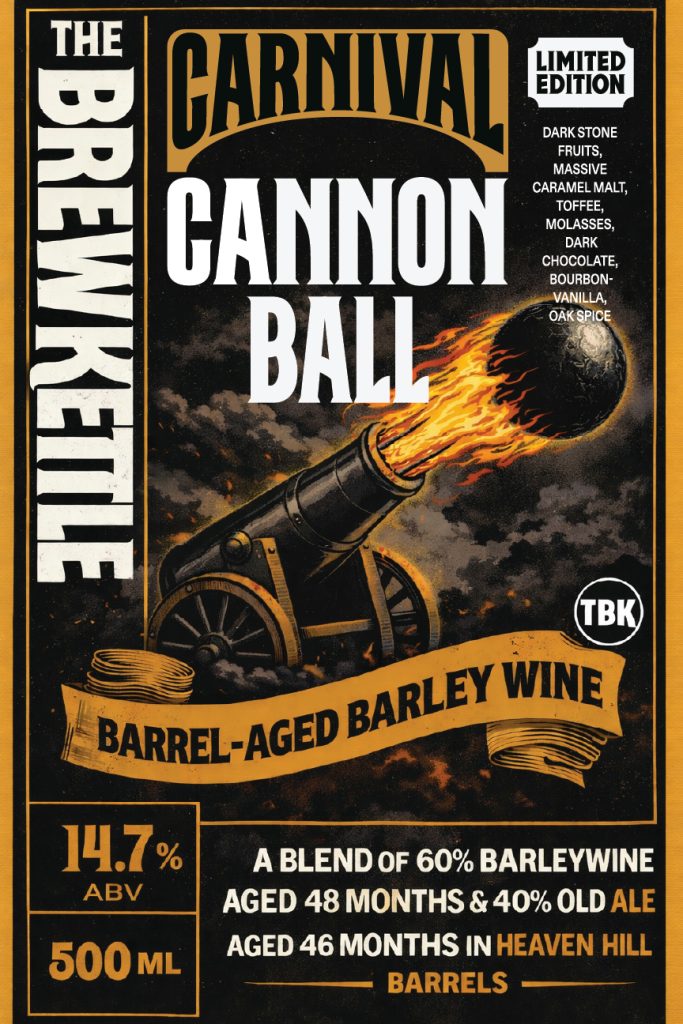 An image of Carnival Cannonball, a barrel-aged barleywine with dark stone fruits and roasted malt fl.
